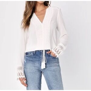 Lulus Bali Daydream White Lace Boho‎ Peasant Prairie Long Sleeve Tie Hem Top SM